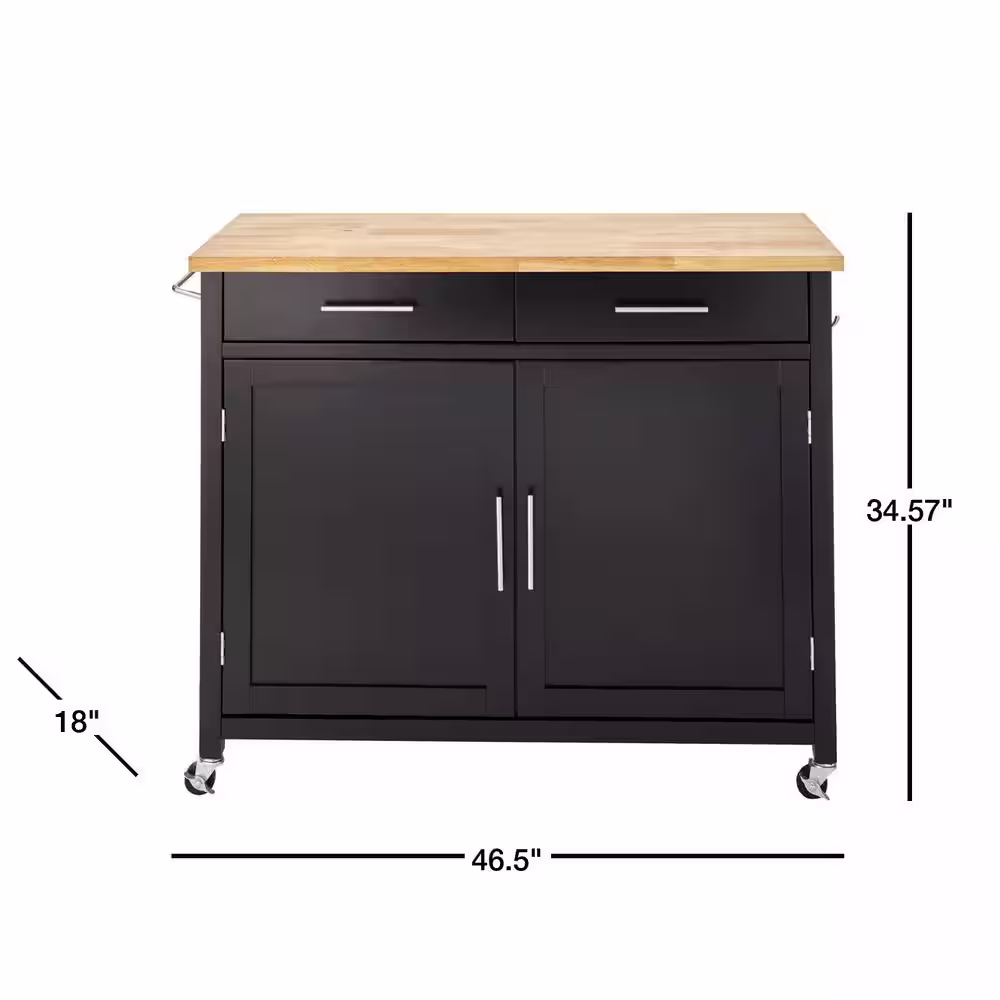 Glenville Black Rolling Kitchen Cart with Butcher Block Top and Double Drawer Storage (42 in.