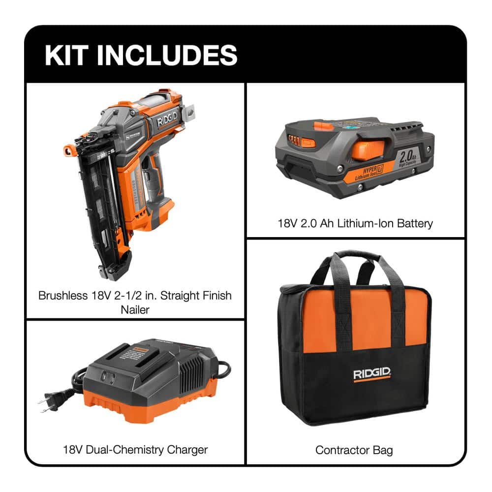 18V Brushless Cordless HYPERDRIVE 16 Gauge 2 1/2 in Straight Finish Nailer 2 Ah Battery Charger Belt Clip and Bag