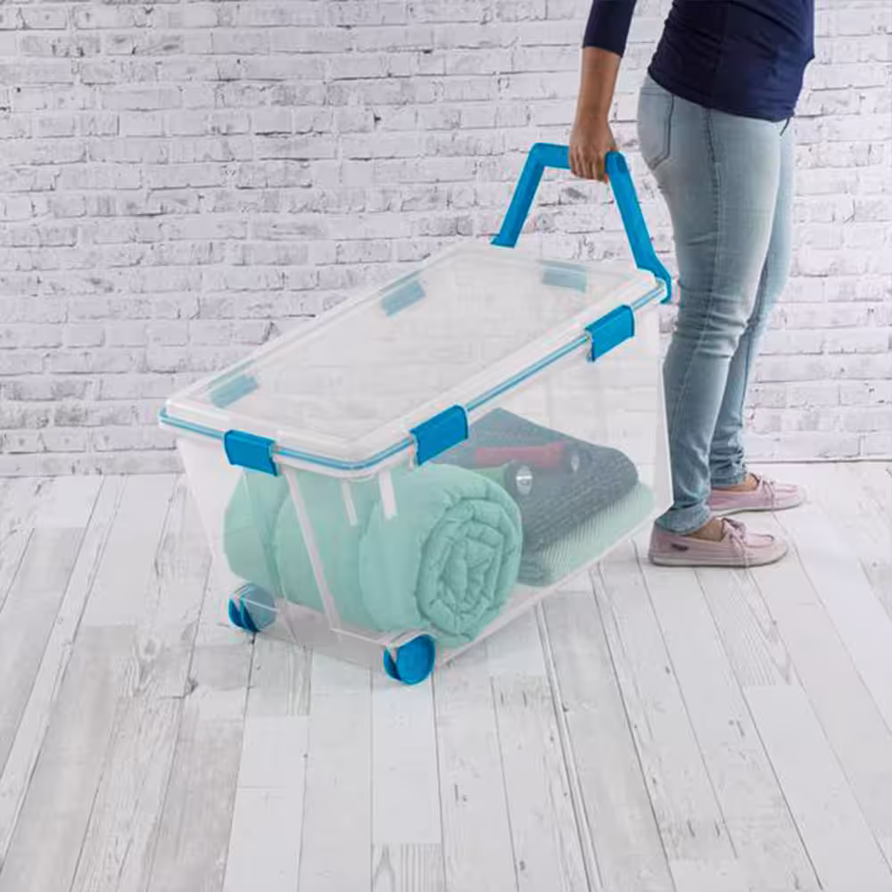 120 Qt. Plastic Storage Tote with Blue Aquarium Gasket Latch Lid in Clear