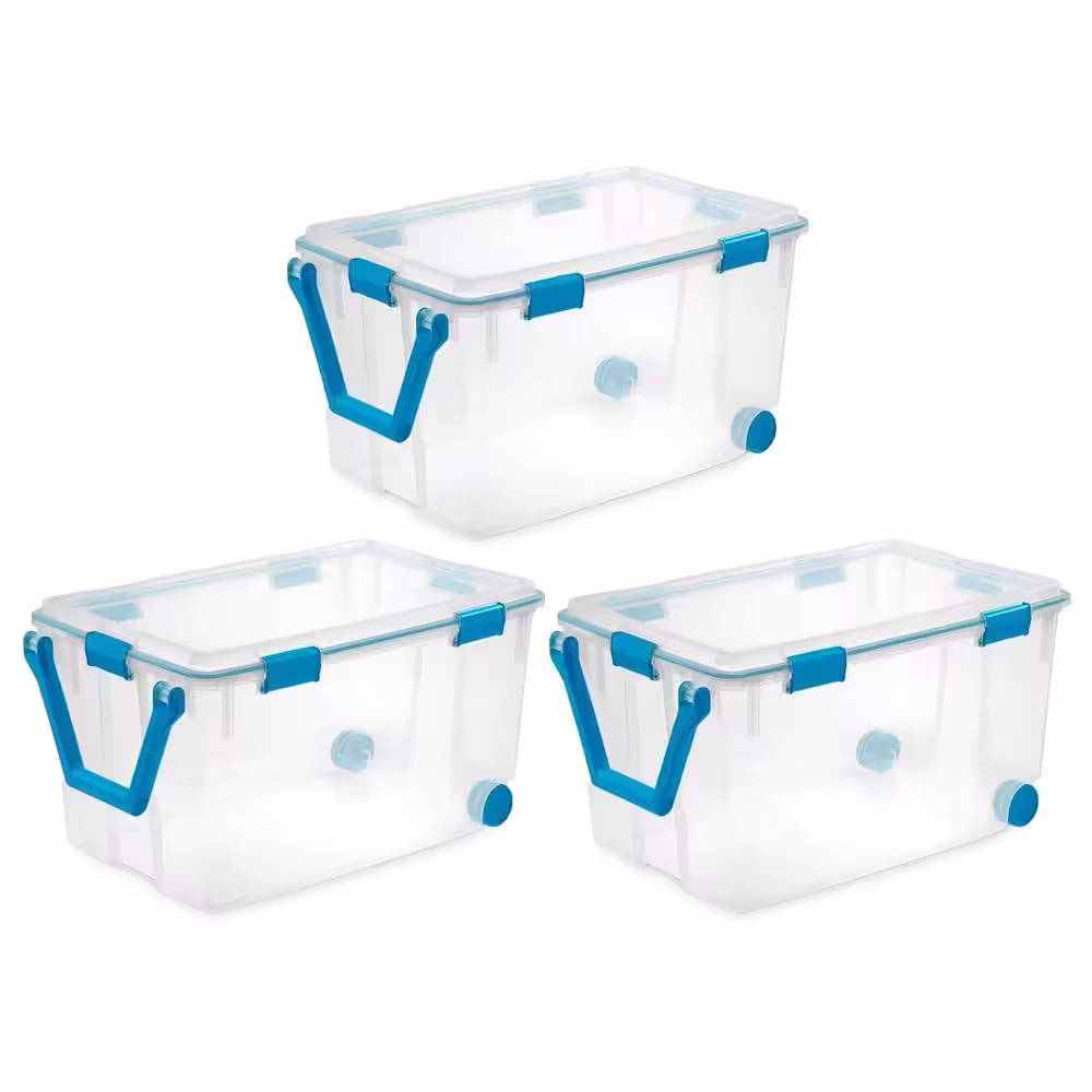 120 Qt. Plastic Storage Tote with Blue Aquarium Gasket Latch Lid in Clear