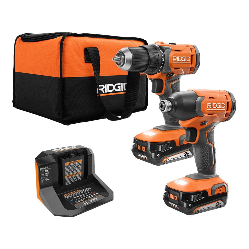 18V Cordless 2 Tool Combo Kit with 1/2 in. Drill/Driver 1/4 in. Impact Driver (2) 2.0 Ah Batteries Charger and Bag