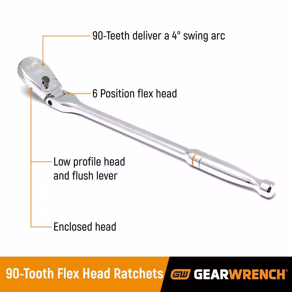 1/4 in. 3/8 in. and 1/2 in. Drive 90 Tooth Dual Material Fixed and Flex Head Ratchet Set