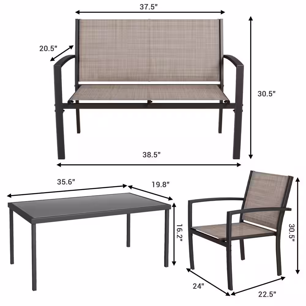 Beige 4 Piece Metal Outdoor Bistro Set Patio Conversation Set Glass Coffee