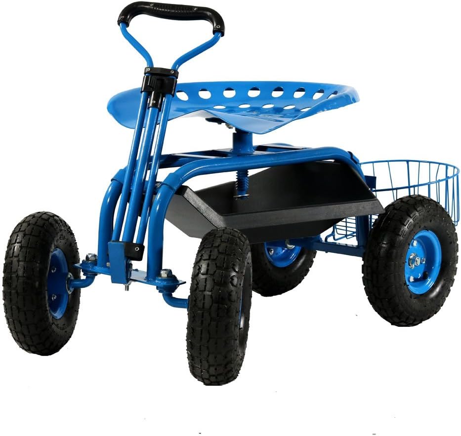 Garden Cart Rolling Scooter with Extendable Steer Handle Swivel Seat Utility Tool Tray
