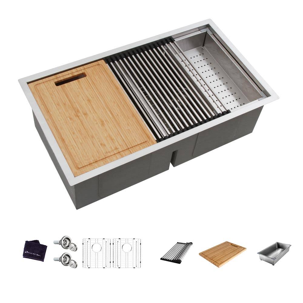 Bay All in One Undermount SS 33in. Double Bowl Kitchen Workstation Sink