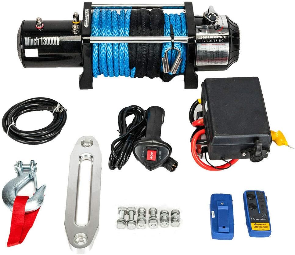 Winch 12V 13000 lbs Recovery Winch Compatible with Trailer Truck SUV ATV Synthetic Rope With Wireless Remote Control