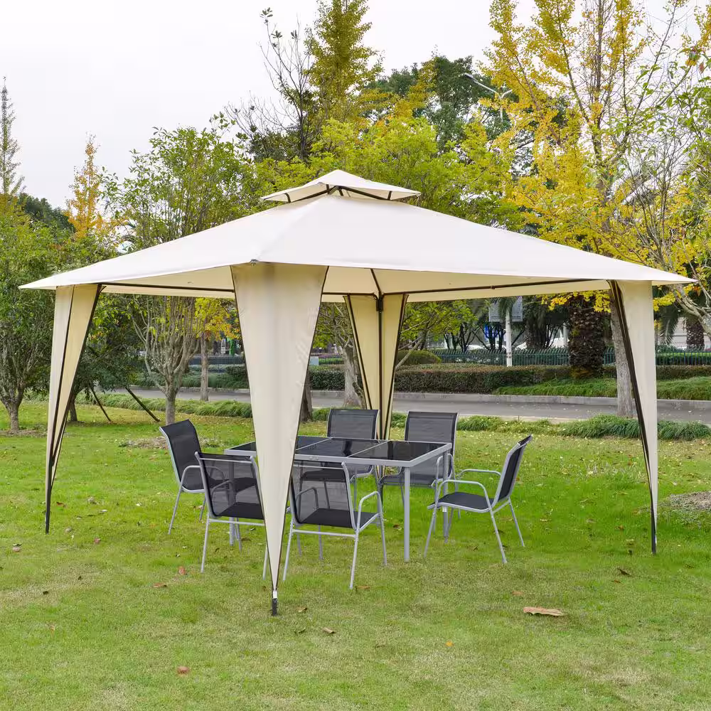 11.5 ft. x 11.5 ft. Beige Steel Soft Top Outdoor Patio Gazebo with Double Tier Roof and Ground
