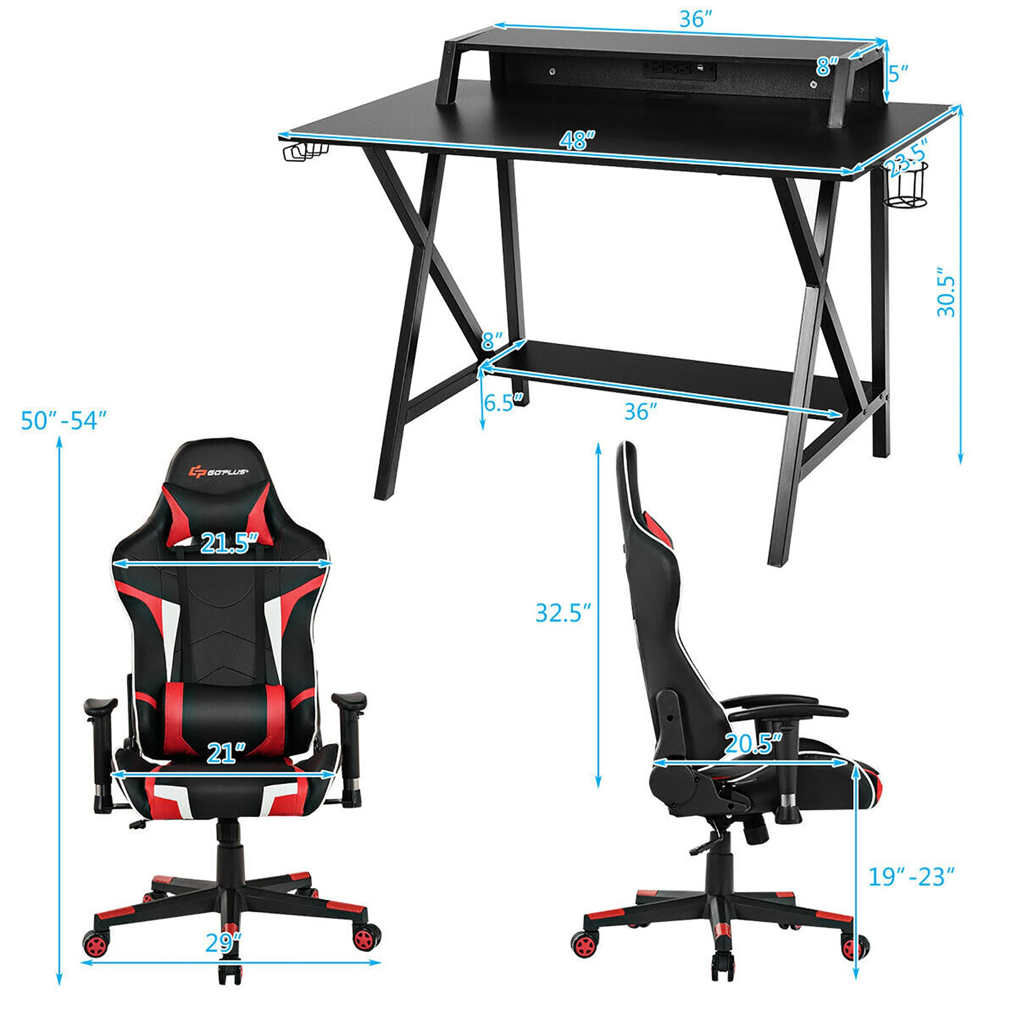 Gaming Computer Desku0026Massage Gaming Chair Set w/Monitor Shelf Power Strip
