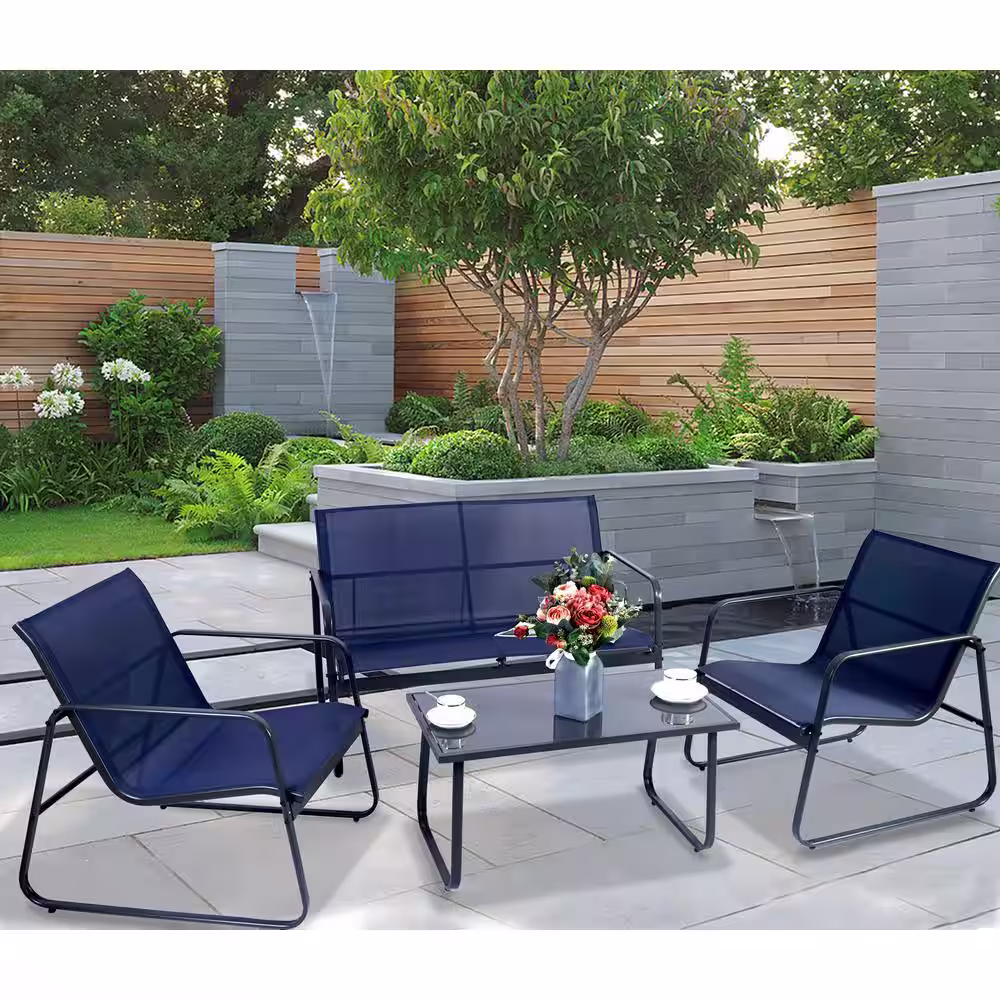Gray 4 Piece Metal Patio Conversation Set with Blue Breathable Textilence