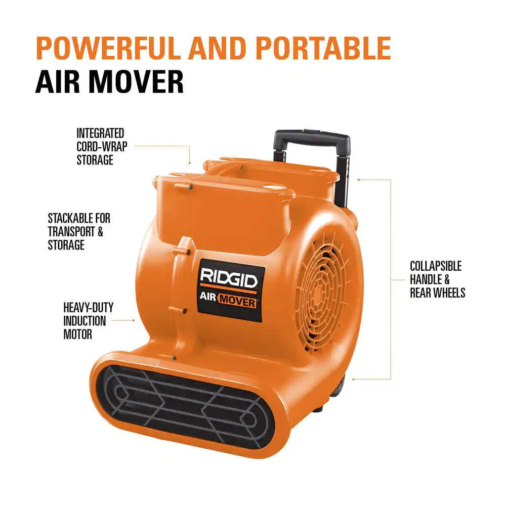 1625 CFM 3 Speed Portable Blower Fan Air Mover with Collapsible Handle and Rear Wheels for Water Damage