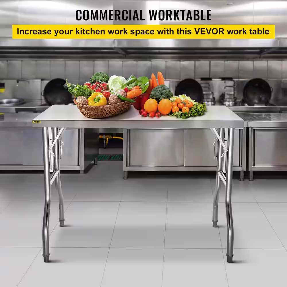 Silver Stainless Steel Table 48 x 30 in. Heavy duty Folding Table with 220 lb. Load Kitchen Utility Table for