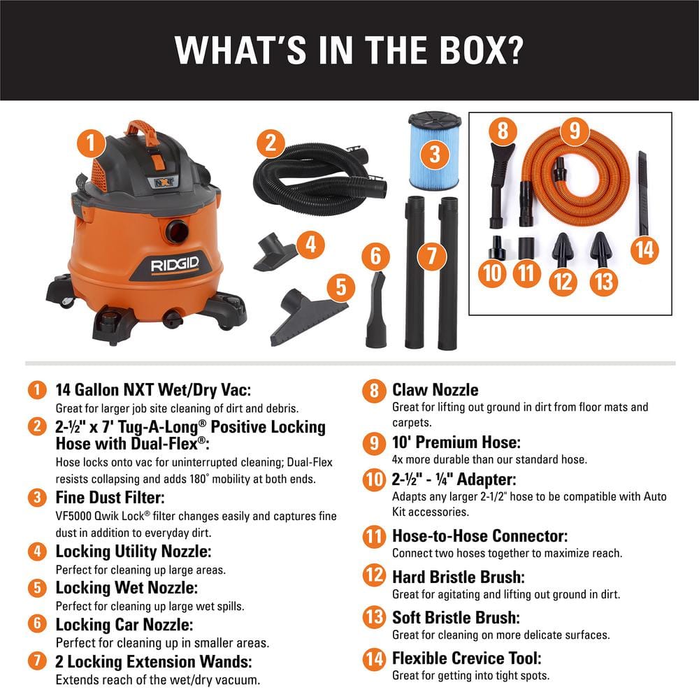 14 Gallon 6.0 Peak HP NXT Wet/Dry Shop Vacuum with Fine Dust Filter Hose Accessories and Premium Car Cleaning Kit