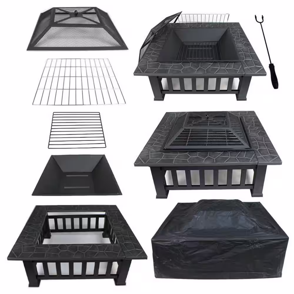 WICKER Maxwell 31 in. W x 16 in. H Square Steel Deep Wood Burning Bowl Fire Pit with