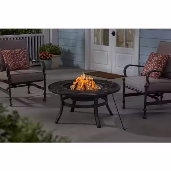 Bay Whitfield 38 in. Round Steel Black Marble Look Tile Top Wood Burning Fire