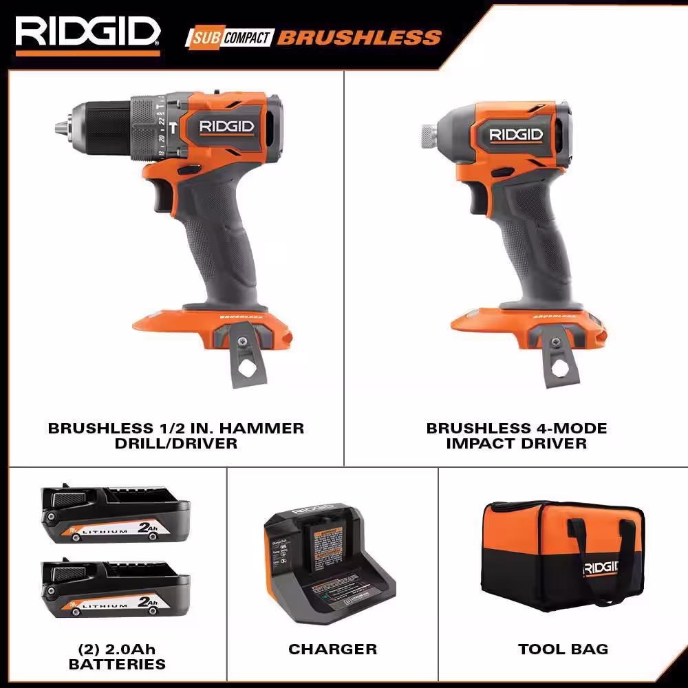 18V SubCompact Brushless Cordless 2 Tool Combo Kit w/ Hammer Drill Impact Driver (3) 2.0 Ah Batteries Charger